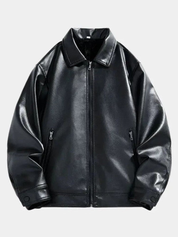 Men’s Leather Zip-Up Crossover-Collar Bomber Jacket
