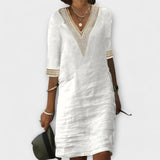 Women Linen V-Neck Crochet Trim 3/4 Sleeve Shift Dress