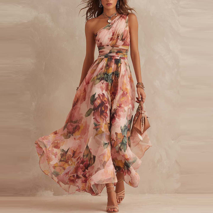 Women's Chiffon Floral One Shoulder Flowy Evening Maxi Dress