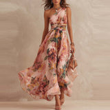 Women's Chiffon Floral One Shoulder Flowy Evening Maxi Dress