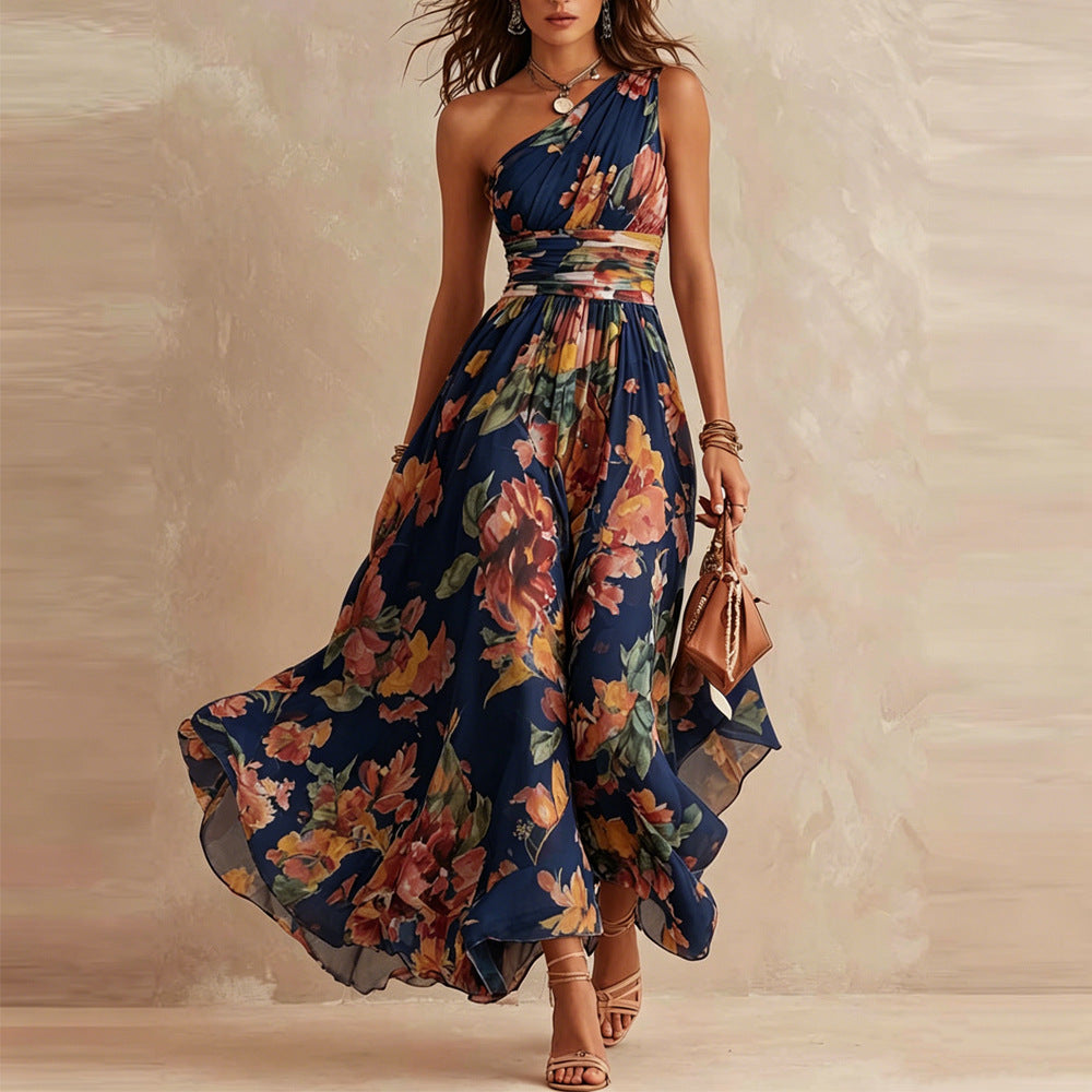 Women's Chiffon Floral One Shoulder Flowy Evening Maxi Dress