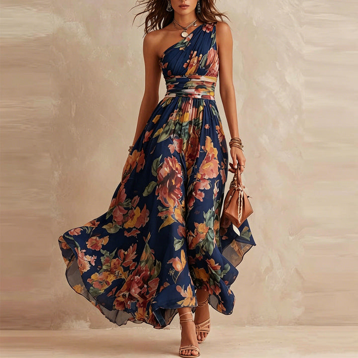 Women's Chiffon Floral One Shoulder Flowy Evening Maxi Dress