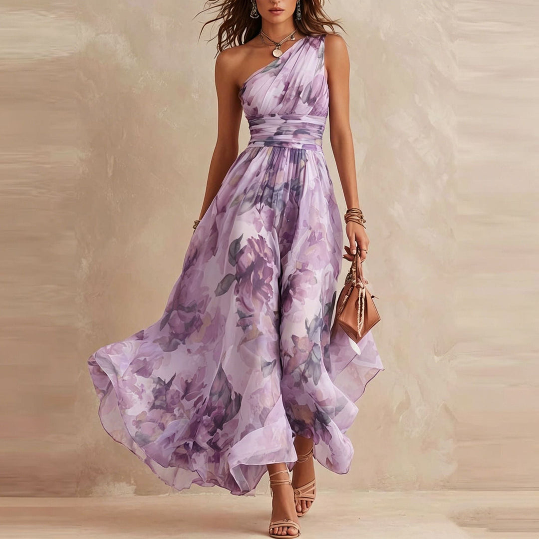 Women's Chiffon Floral One Shoulder Flowy Evening Maxi Dress