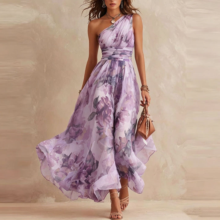 Women's Chiffon Floral One Shoulder Flowy Evening Maxi Dress