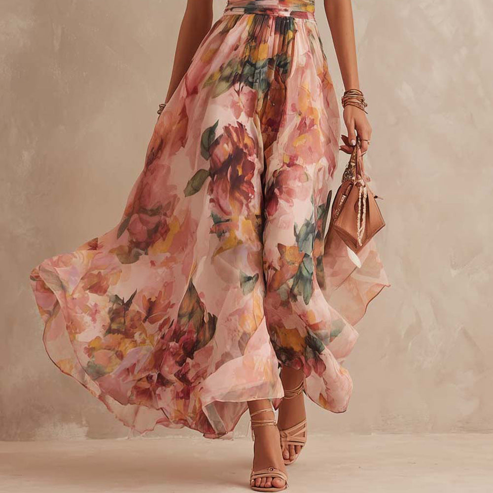 Women's Chiffon Floral One Shoulder Flowy Evening Maxi Dress