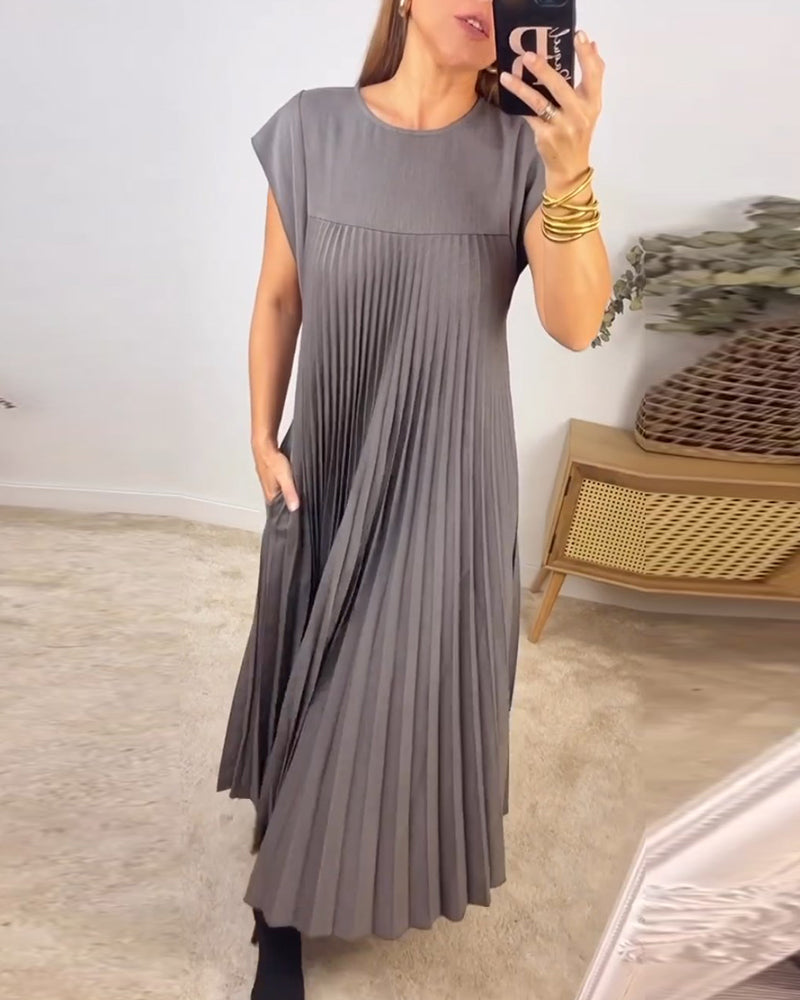Women's Pleated Linen Maxi Dress Casual Sundress Loose Fit