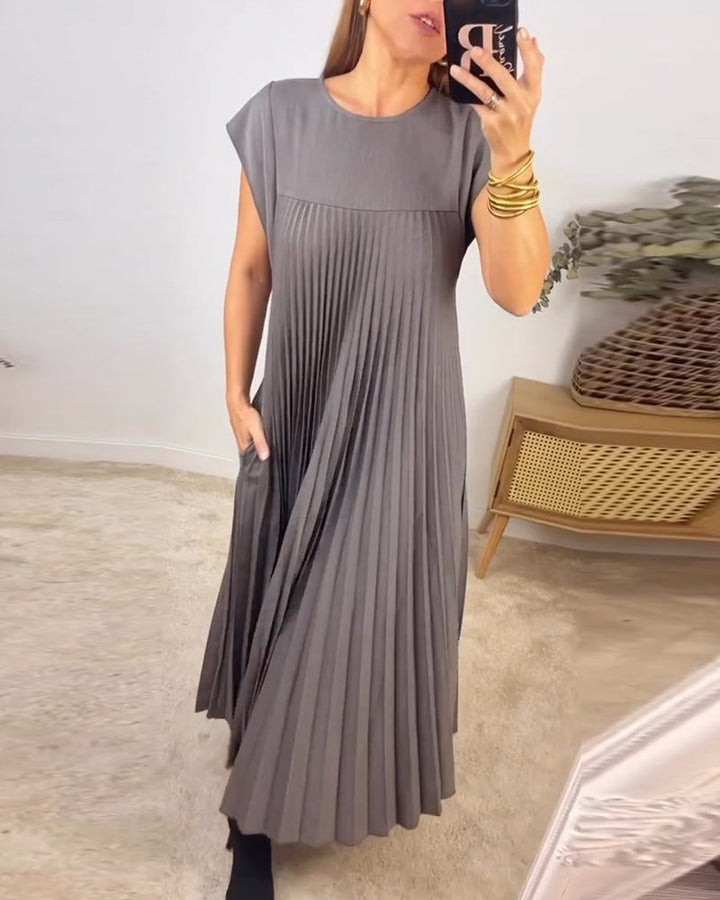 Women's Pleated Linen Maxi Dress Casual Sundress Loose Fit