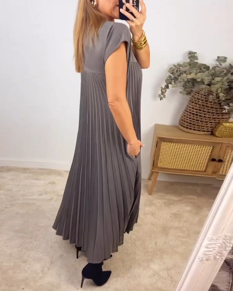 Women's Pleated Linen Maxi Dress Casual Sundress Loose Fit