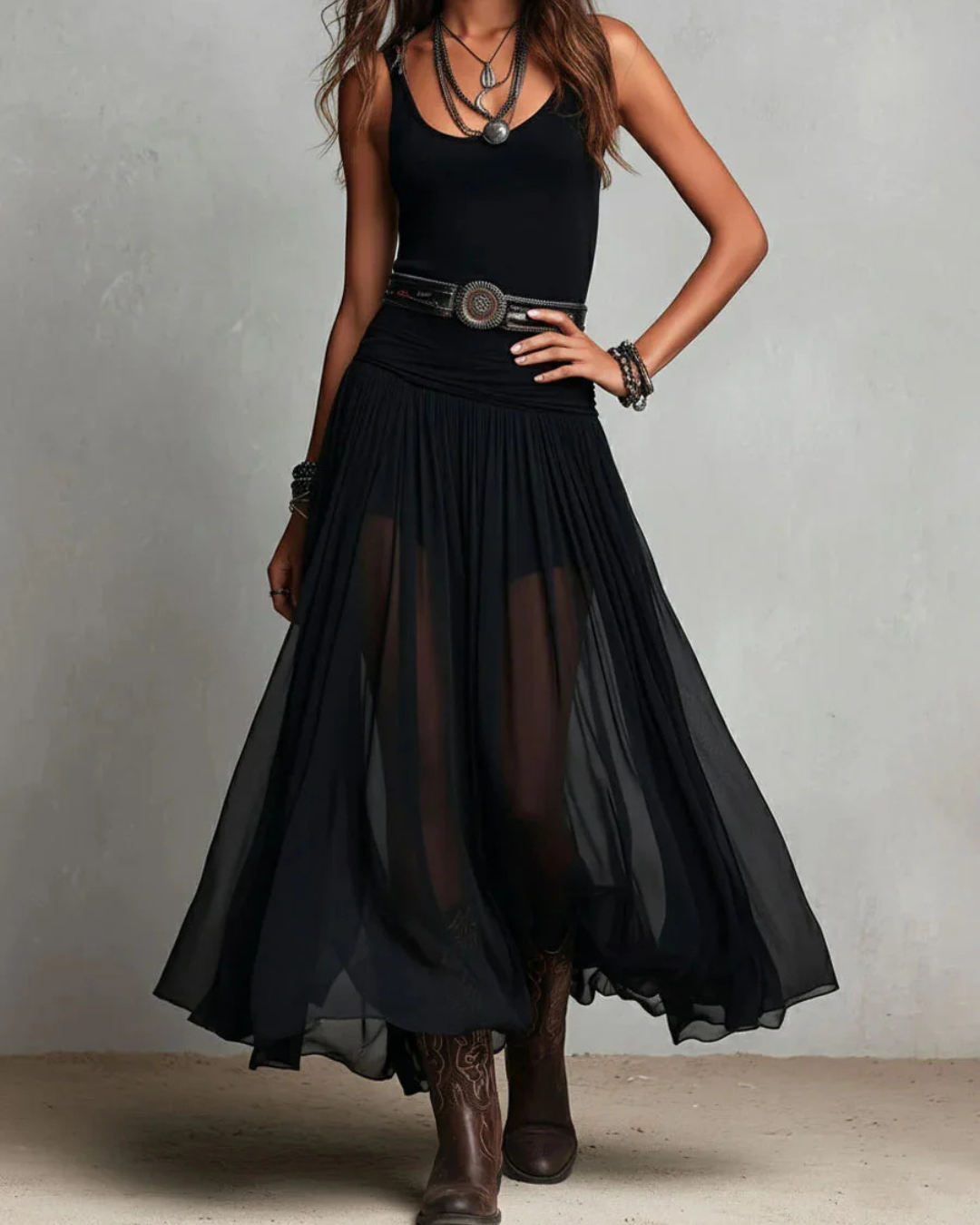 Women's Chiffon Sleeveless Belted Flowy A-Line Maxi Dress