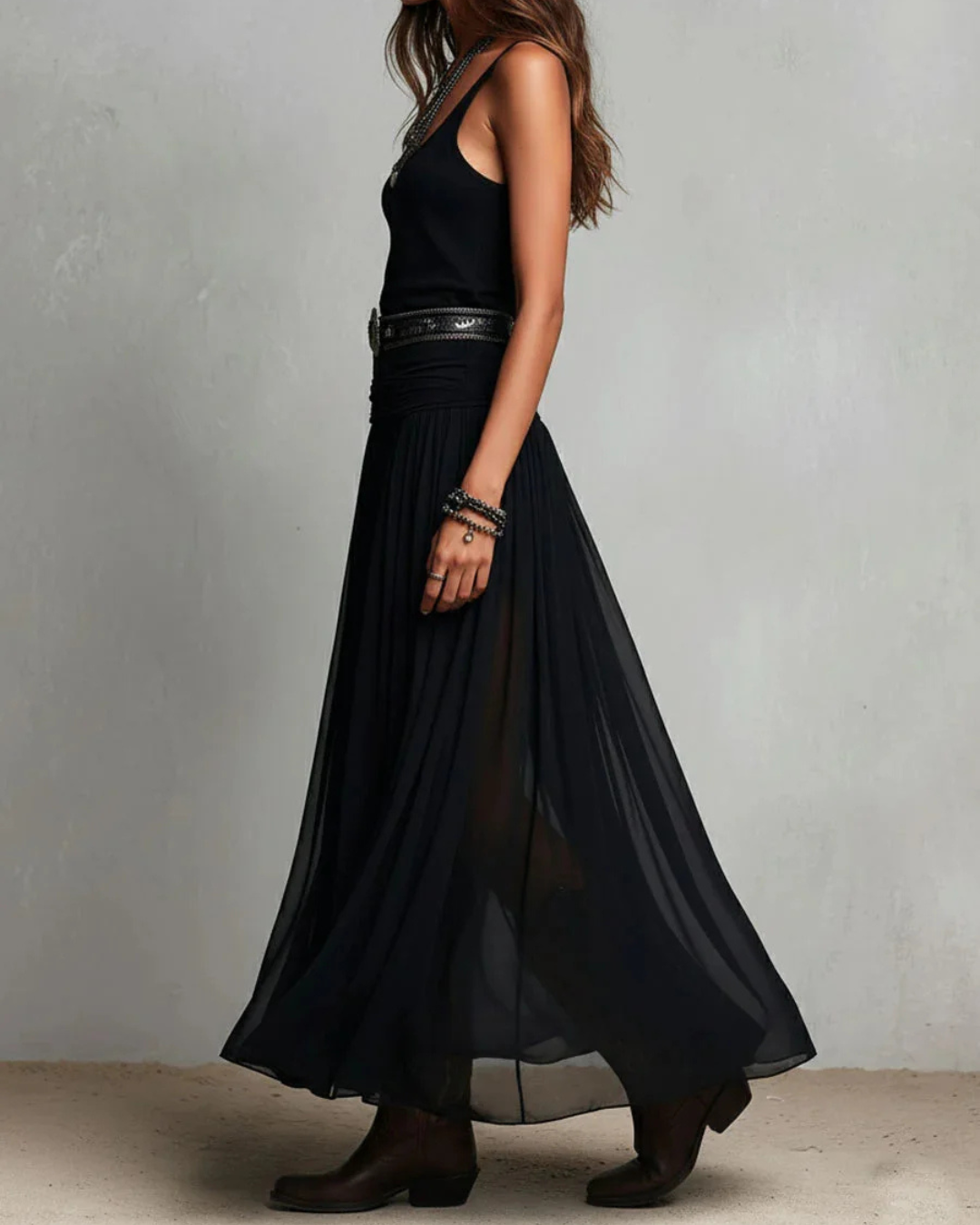 Women's Chiffon Sleeveless Belted Flowy A-Line Maxi Dress