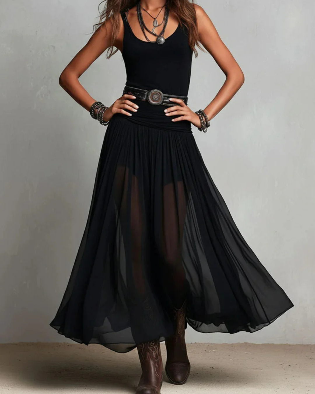 Women's Chiffon Sleeveless Belted Flowy A-Line Maxi Dress
