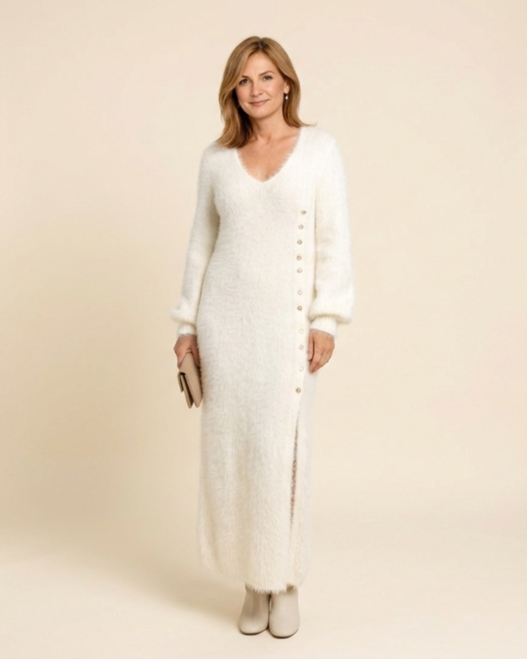 Women’s V-Neck Puff-Sleeve Knit Maxi Sweater Dress