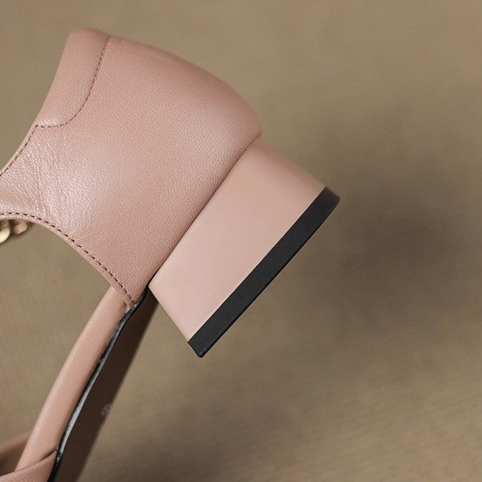 Women's Leather Square Toe Mary Jane Block Heels
