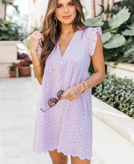 Women's Linen V-Neck Sleeveless Eyelet Mini Sundress