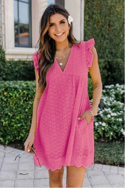 Women's Linen V-Neck Sleeveless Eyelet Mini Sundress