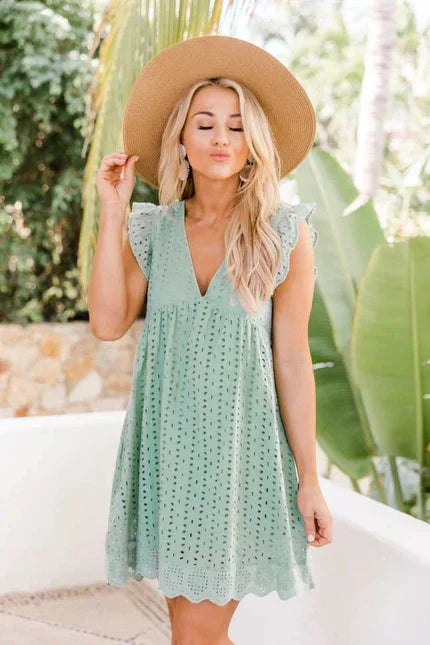 Women's Linen V-Neck Sleeveless Eyelet Mini Sundress