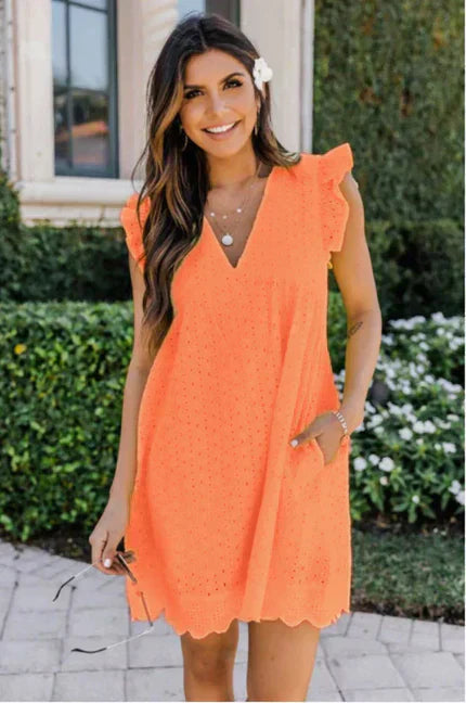 Women's Linen V-Neck Sleeveless Eyelet Mini Sundress
