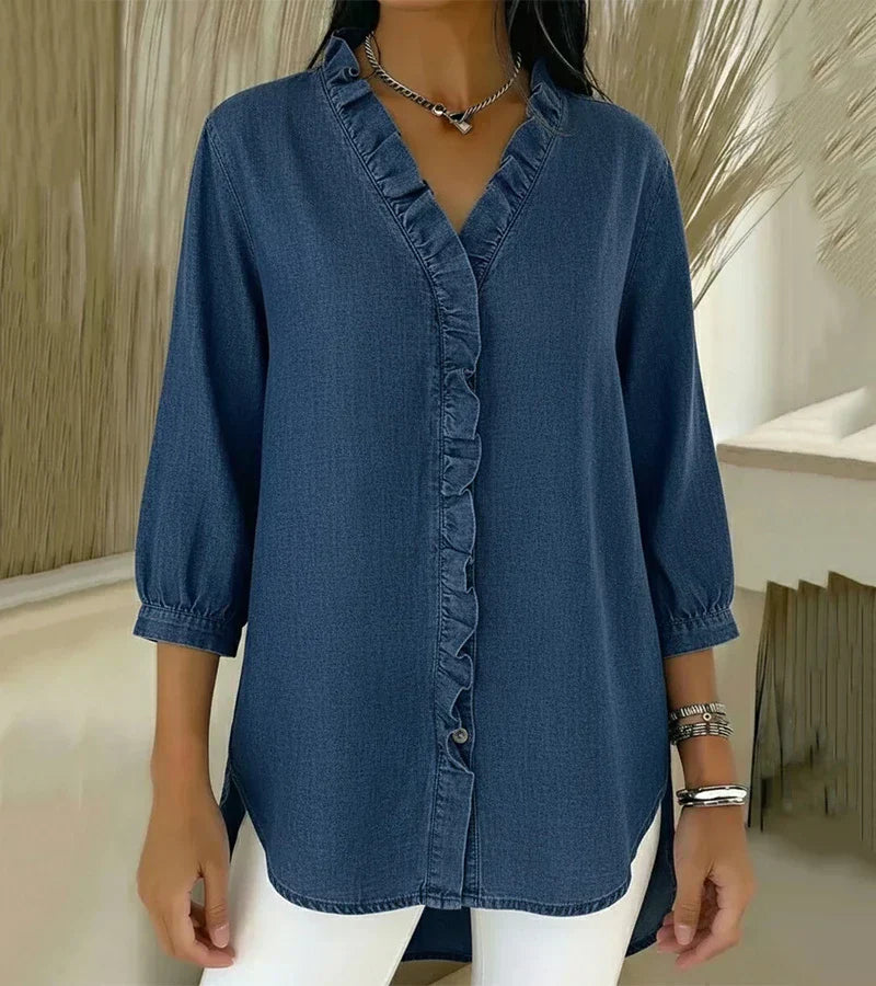 Women's Denim Ruffle V-Neck Blouse
