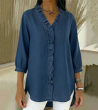 Women's Denim Ruffle V-Neck Blouse
