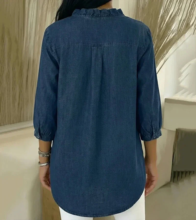 Women's Denim Ruffle V-Neck Blouse