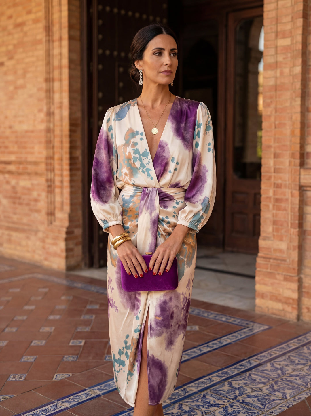 Women's Wrap Satin Long Sleeve V Neck Tie Dye Midi Dress