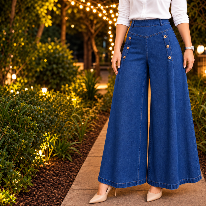 Jean large pour femme, taille haute, style marin avec boutons, pantalon palazzo