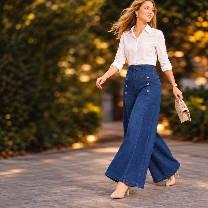 Jean large pour femme, taille haute, style marin avec boutons, pantalon palazzo