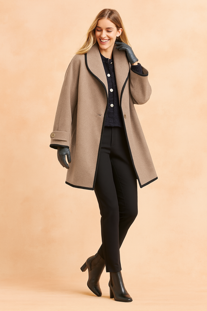 Women's Wool-Blend Contrast Piping Long-Sleeve Overcoat