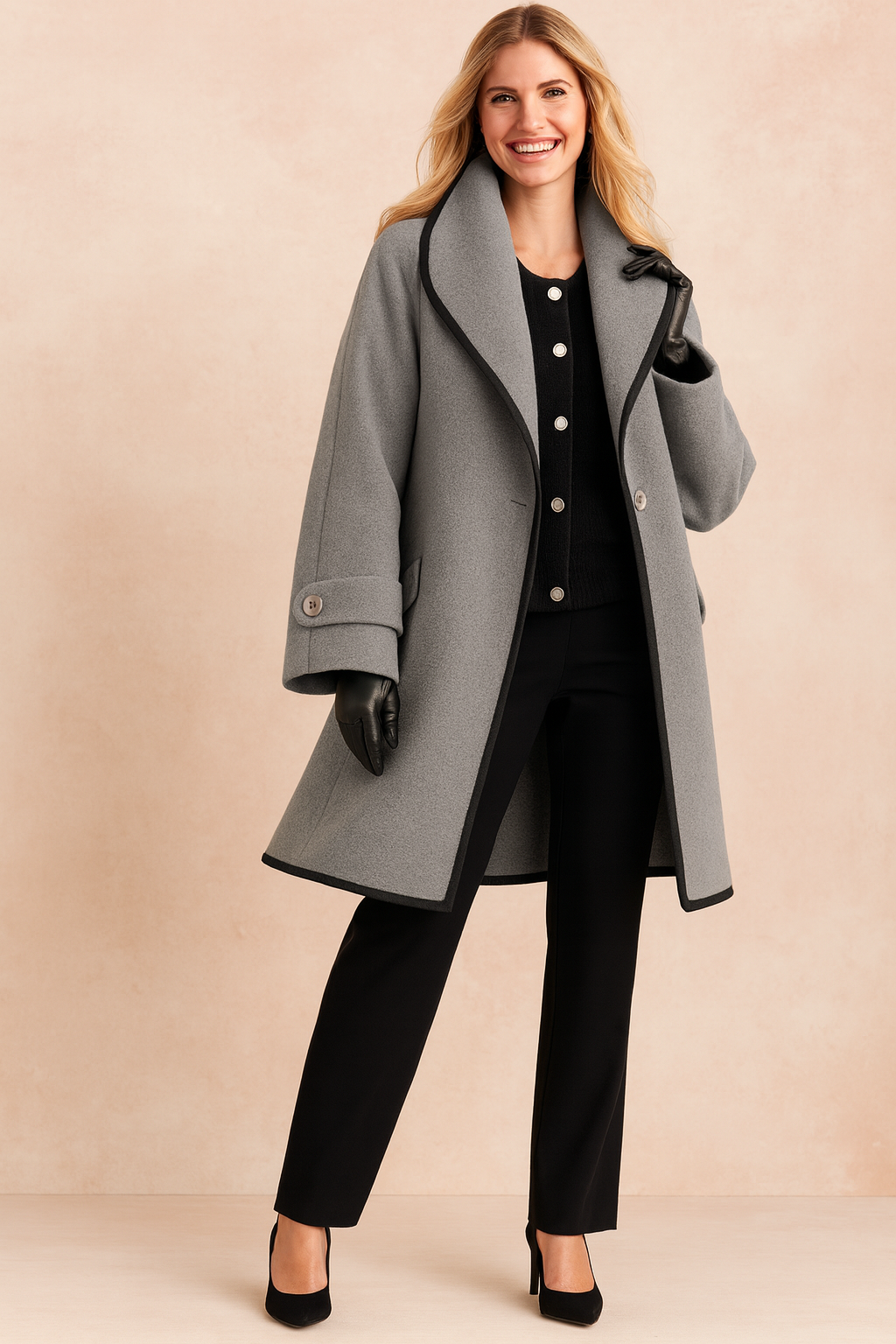 Women's Wool-Blend Contrast Piping Long-Sleeve Overcoat