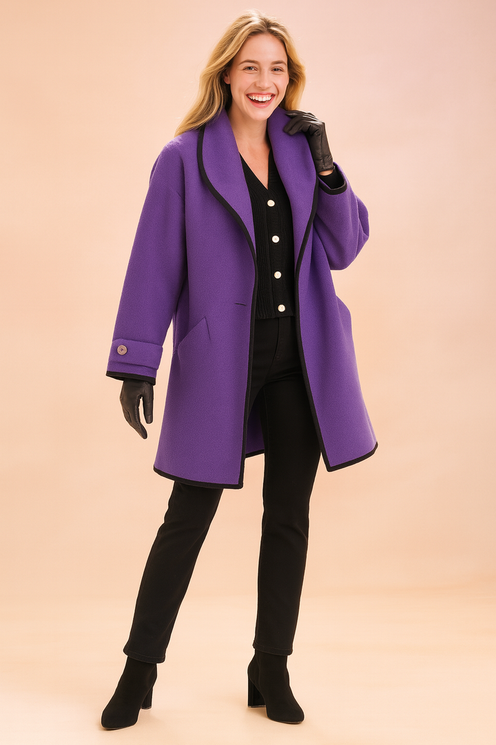 Women's Wool-Blend Contrast Piping Long-Sleeve Overcoat