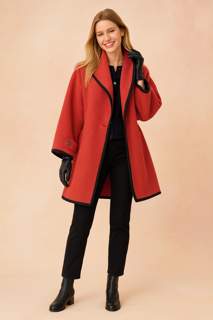 Women's Wool-Blend Contrast Piping Long-Sleeve Overcoat