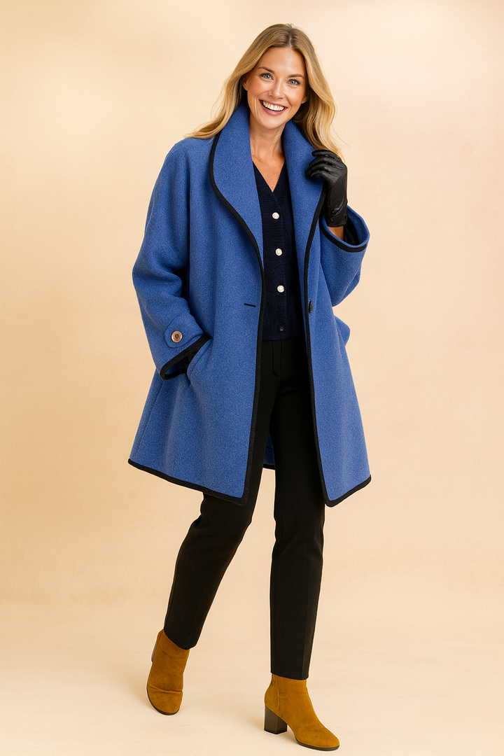Women's Wool-Blend Contrast Piping Long-Sleeve Overcoat