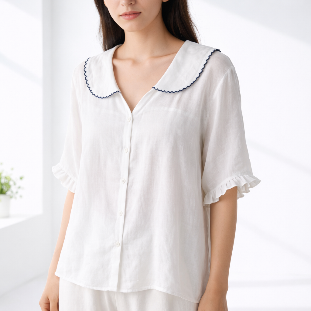 Women's Linen Blend Peter Pan Collar Short Sleeve Blouse Top