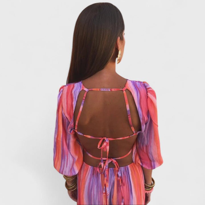 Women's Maxi Dress Satin Cutout Long Sleeve Graphic Print
