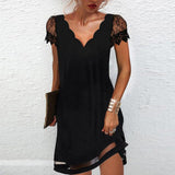 Women's Lace V-Neck Shift Dress Linen Party Mini Dress