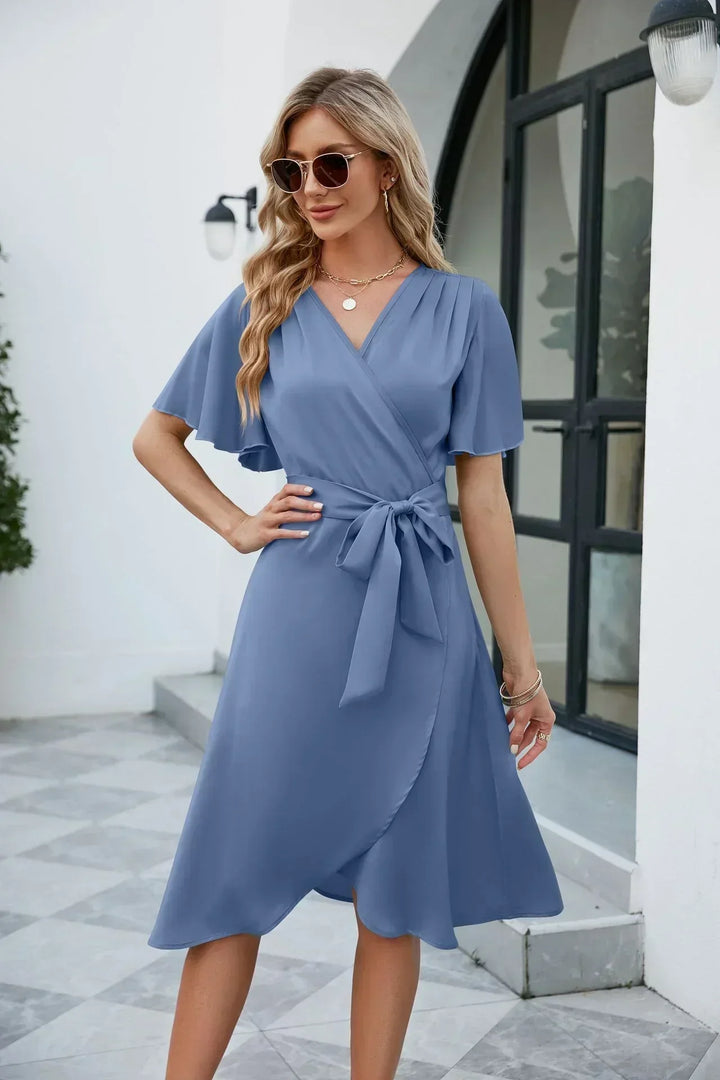 Women's Linen Flutter Sleeve Wrap Dress V-Neck Knee Length A-Line Sun Dress