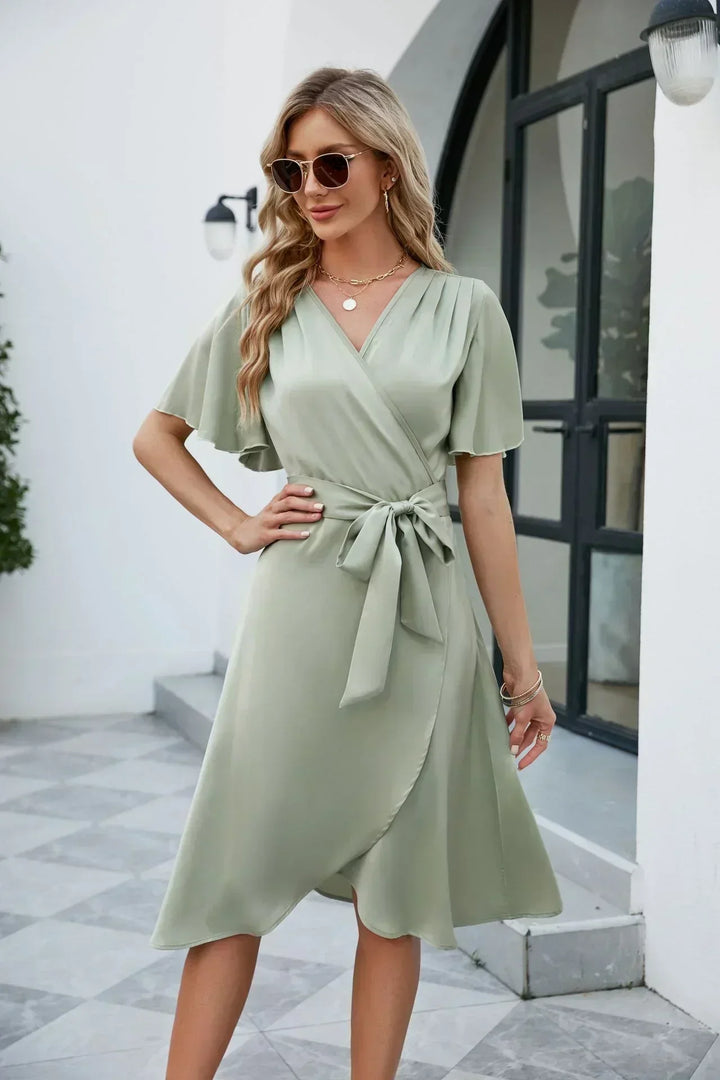 Women's Linen Flutter Sleeve Wrap Dress V-Neck Knee Length A-Line Sun Dress