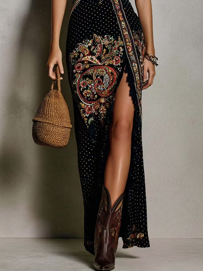 Dámské pletené maxi šaty v boho stylu s hlubokým výstřihem do V