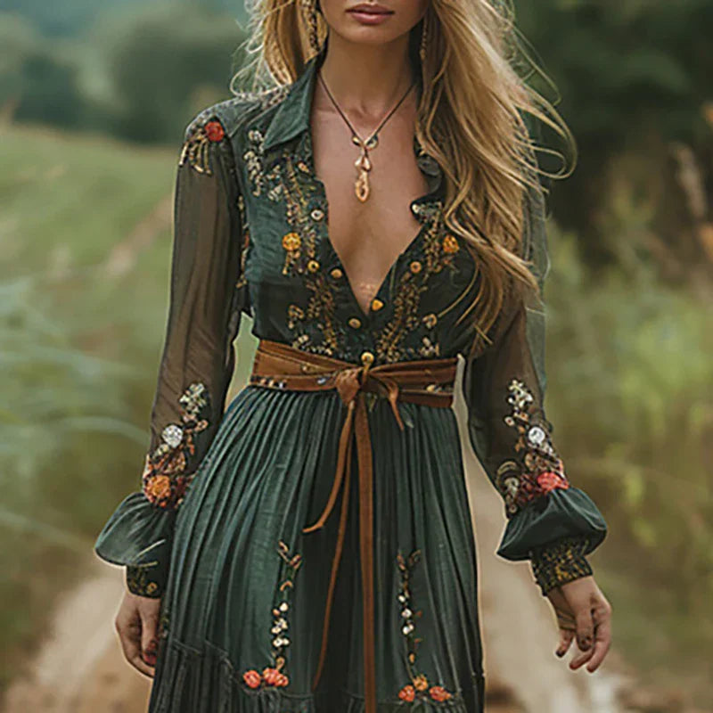 Women's Chiffon Embroidered Long Sleeve Maxi Dress Boho V-Neck Flowy Gown