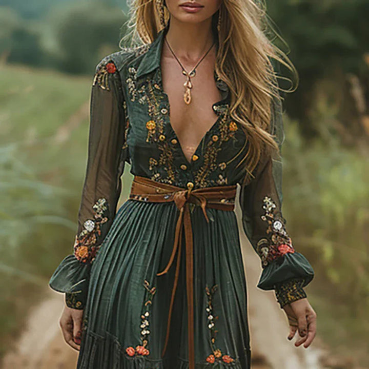 Women's Chiffon Embroidered Long Sleeve Maxi Dress Boho V-Neck Flowy Gown