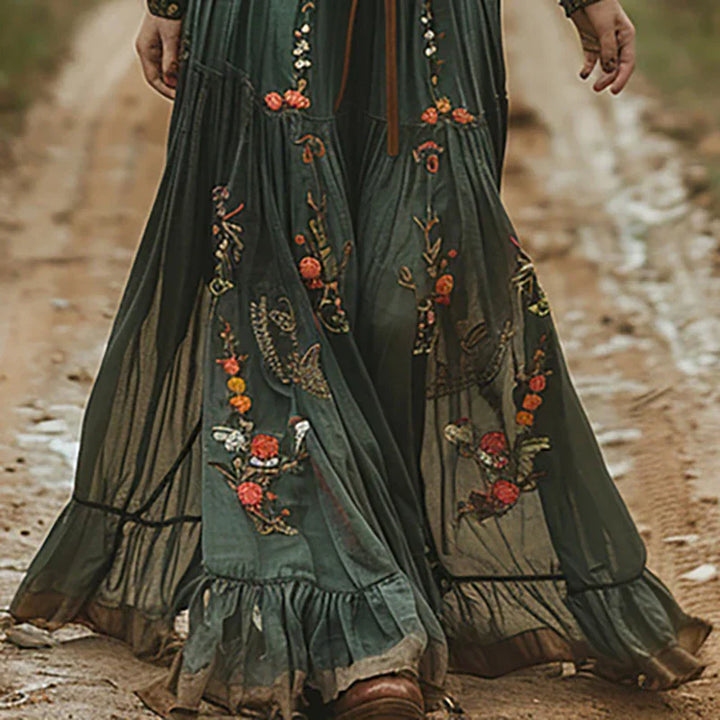 Women's Chiffon Embroidered Long Sleeve Maxi Dress Boho V-Neck Flowy Gown