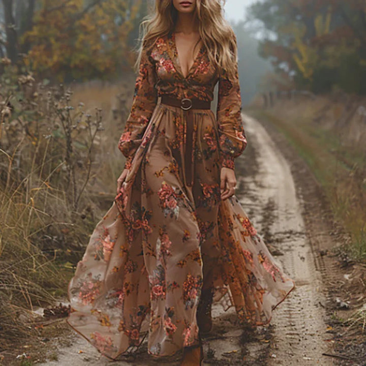 Women's Chiffon Embroidered Long Sleeve Maxi Dress Boho V-Neck Flowy Gown