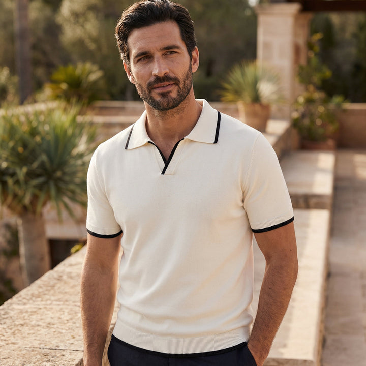 Men's Slim Fit Merino Wool Knit Open Collar Polo Shirt