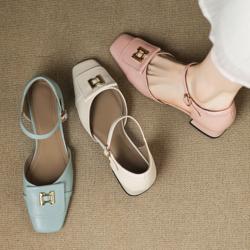 Women's Leather Square Toe Mary Jane Block Heels