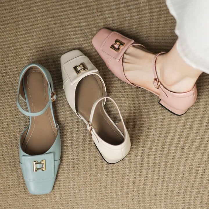Women's Leather Square Toe Mary Jane Block Heels