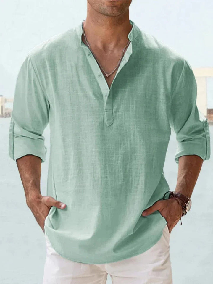 Men's Linen Henley Long Sleeve Relaxed Fit Shirt