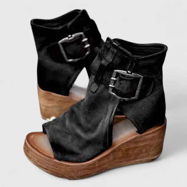 Γυναικείο δερμάτινο πέδιλο πλατφόρμα με peep toe και τακούνι πλατφόρμας