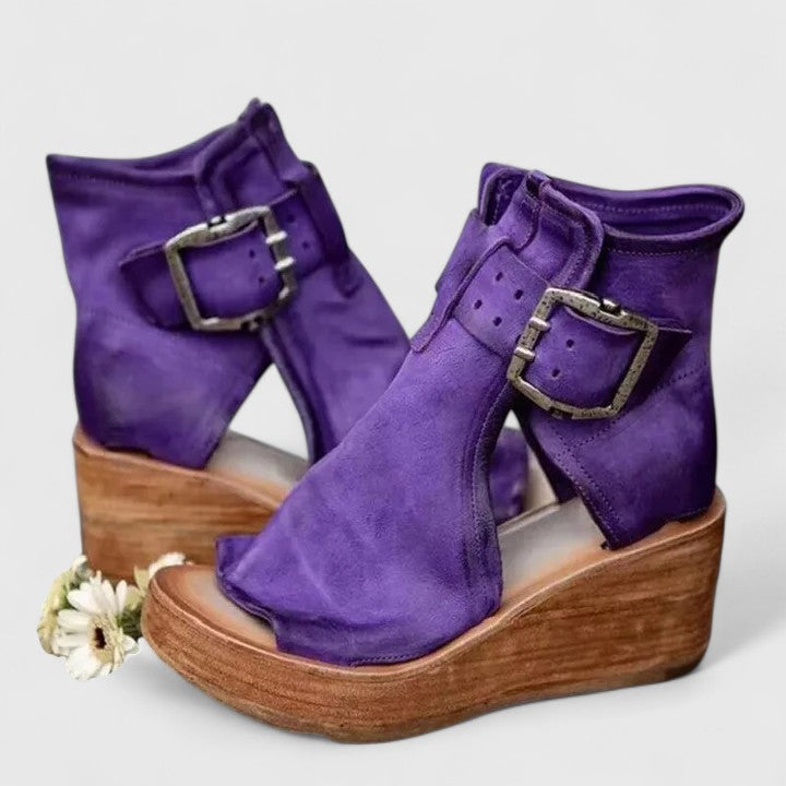 Γυναικείο δερμάτινο πέδιλο πλατφόρμα με peep toe και τακούνι πλατφόρμας
