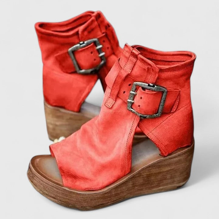 Γυναικείο δερμάτινο πέδιλο πλατφόρμα με peep toe και τακούνι πλατφόρμας