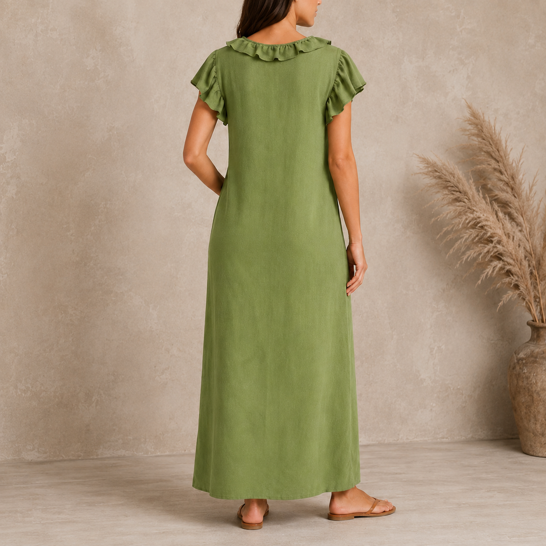 Women's Linen V Neck Ruffle Sleeveless Loose Maxi Dress